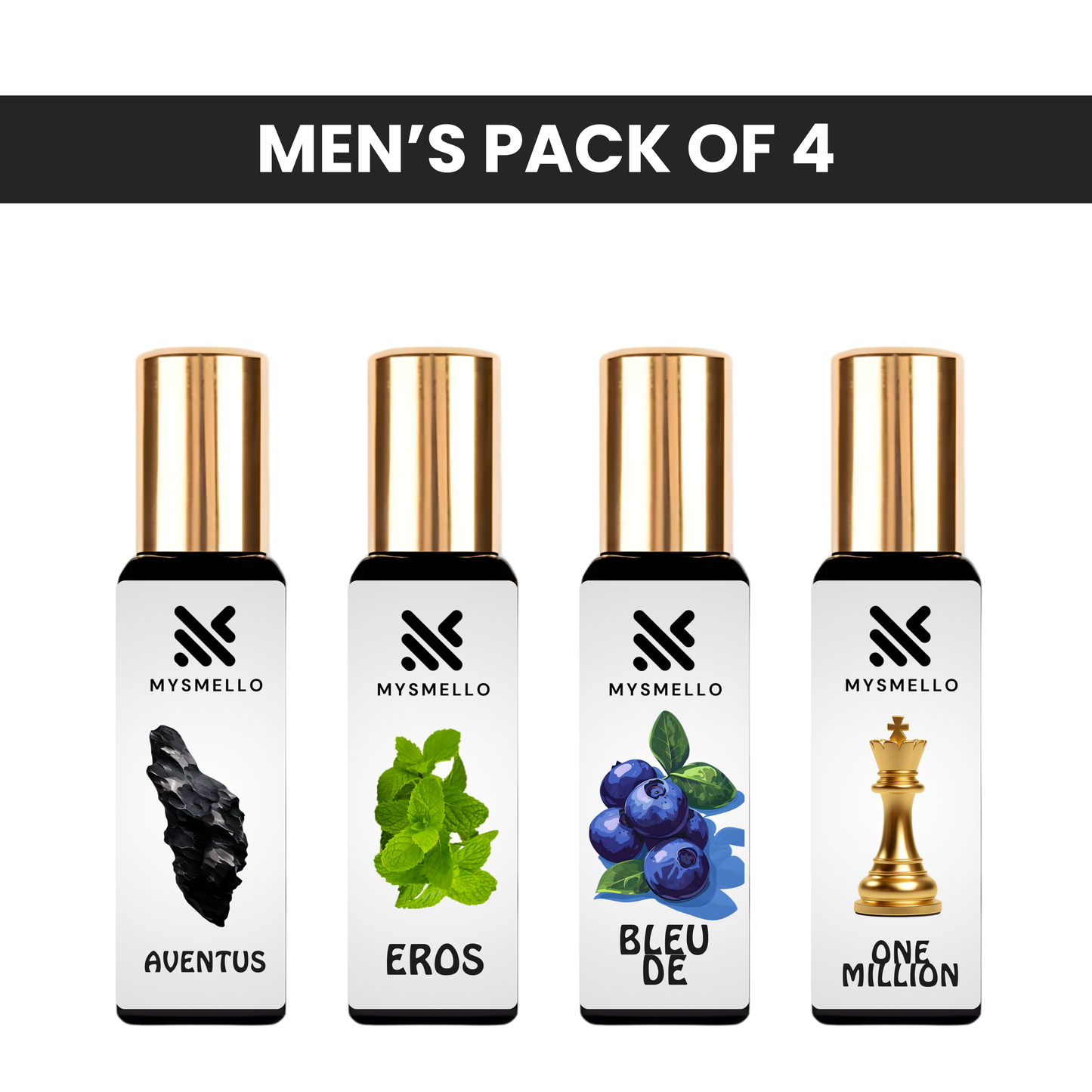 Pack of 4 for men: Mysmello aventus, Mysmello eros, Bleu de Mysmelloe, PR one million