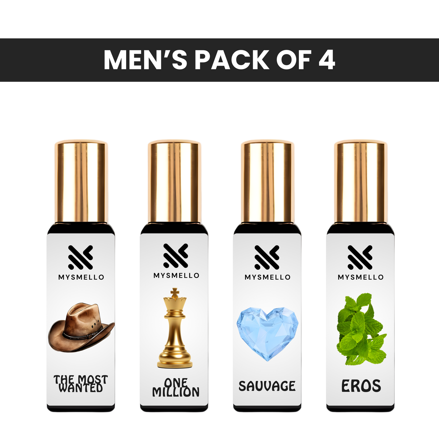 Pack of 4 for men: Mysmello the most wanted, PR one million, Mysmello suvage, Mysmello eros