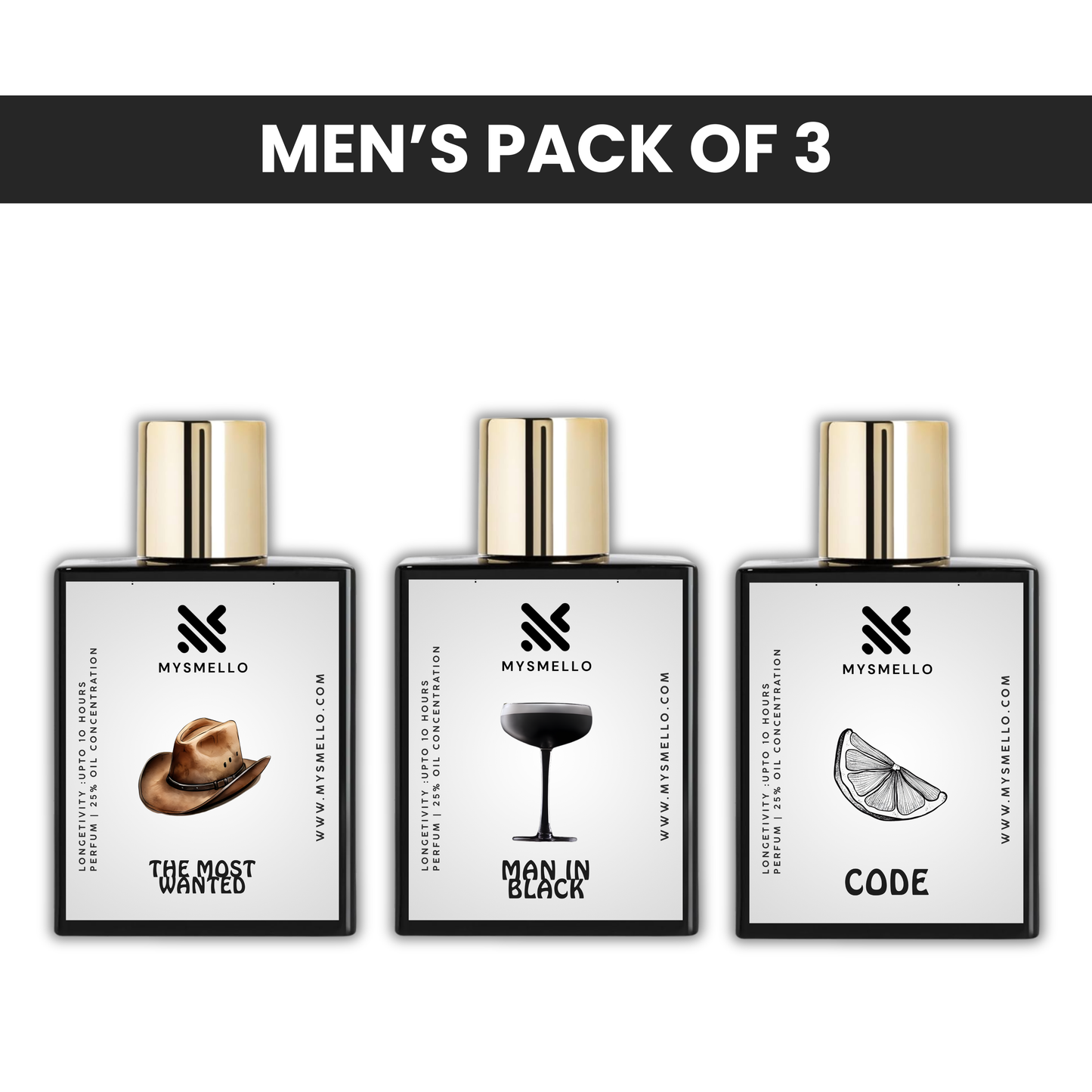 Pack of 3 for men: Mysmello the most wanted, Mysmello man in black, Mysmello code