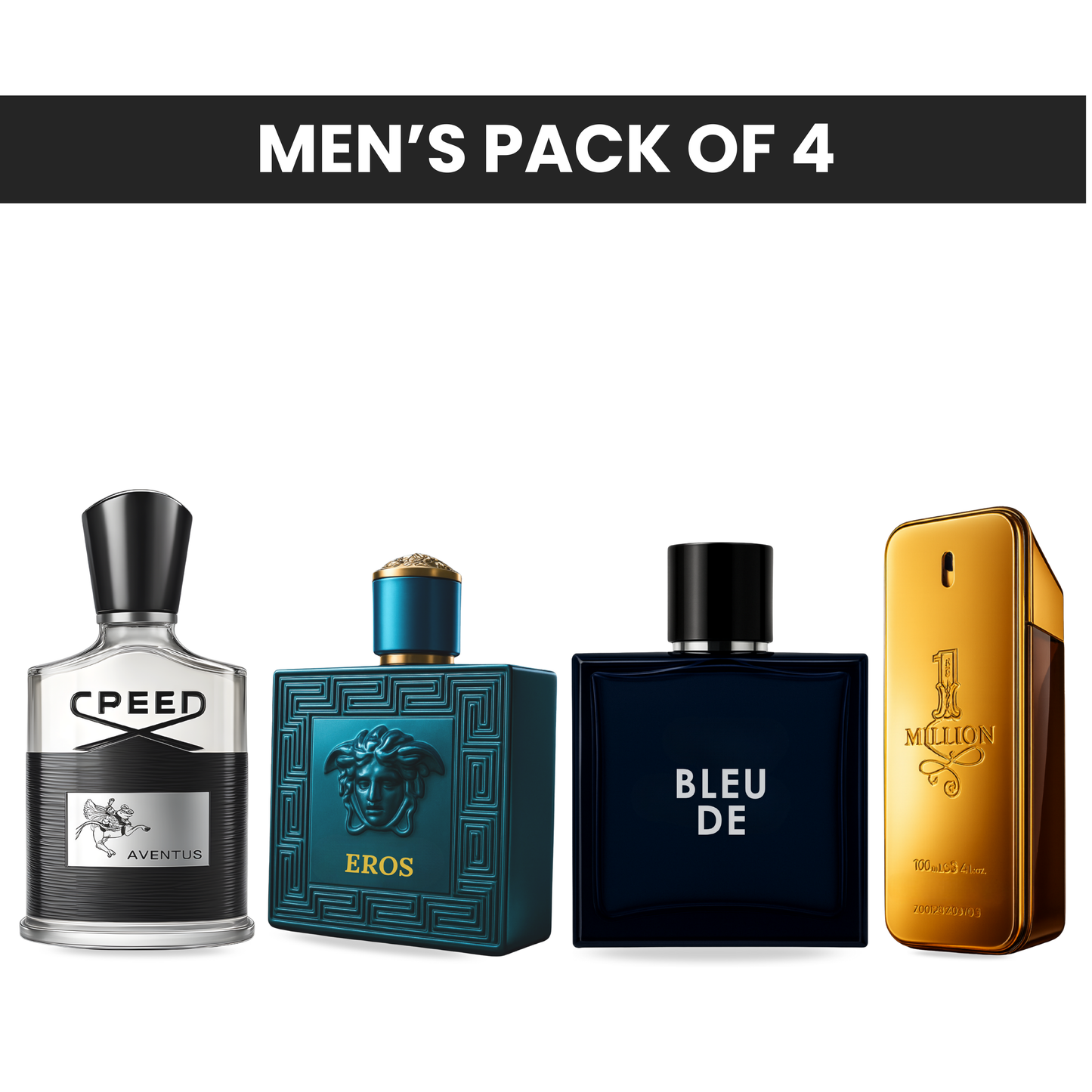 Pack of 4 for men: Mysmello aventus, Mysmello eros, Bleu de Mysmelloe, PR one million