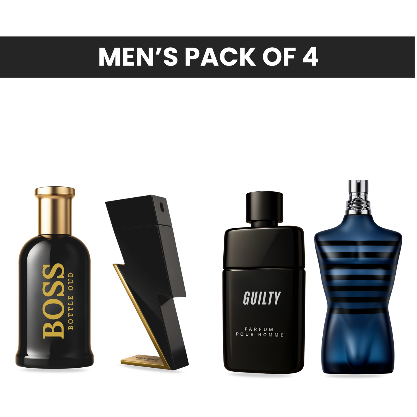 Pack of 4 for men: Mysmello bottled oud, CH bad boy, Mysmello Guilty, Mysmello ultra male