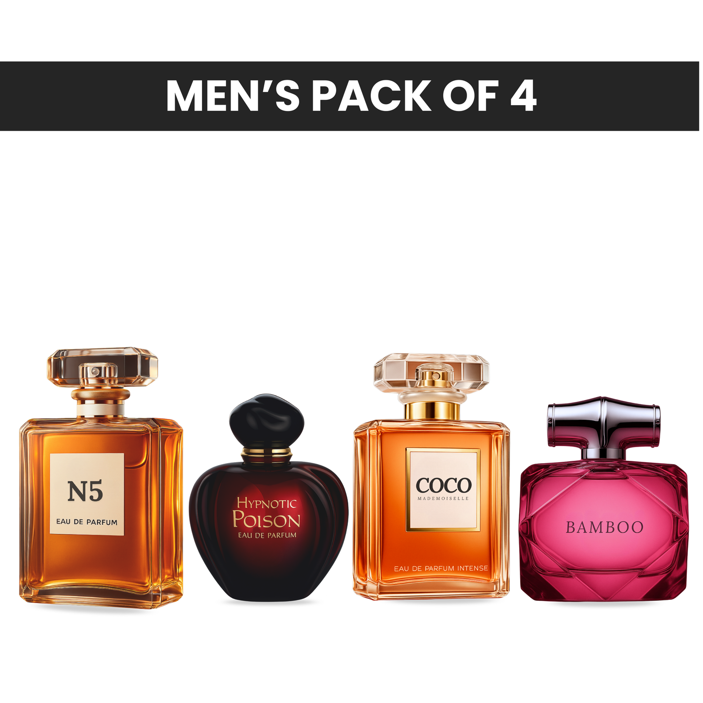 Pack of 4 for women: Mysmello hypnotic poison, Mysmelloo N5, Mysmello bamboo, Mysmelloo coco