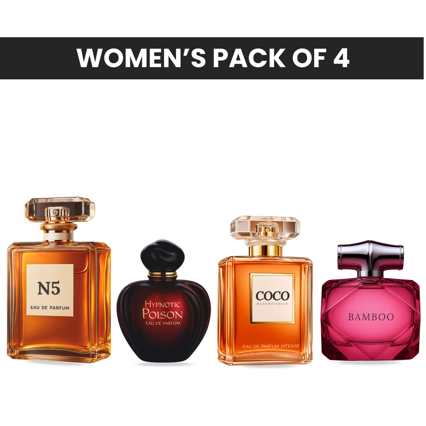 Pack of 4 for women: Mysmello hypnotic poison, Mysmelloe N5, Mysmello bamboo, Mysmelloe coco