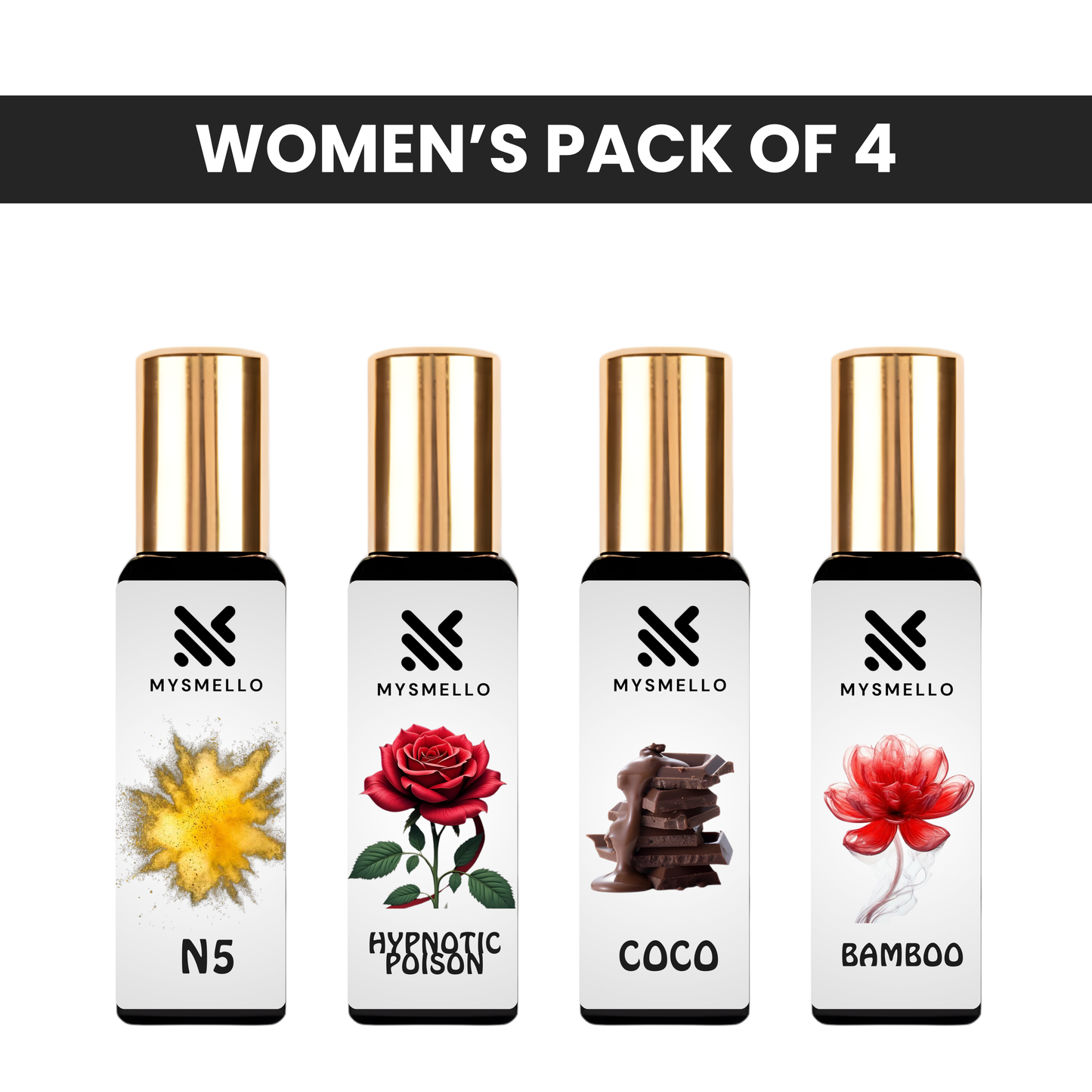 Pack of 4 for women: Mysmello hypnotic poison, Mysmelloe N5, Mysmello bamboo, Mysmelloe coco