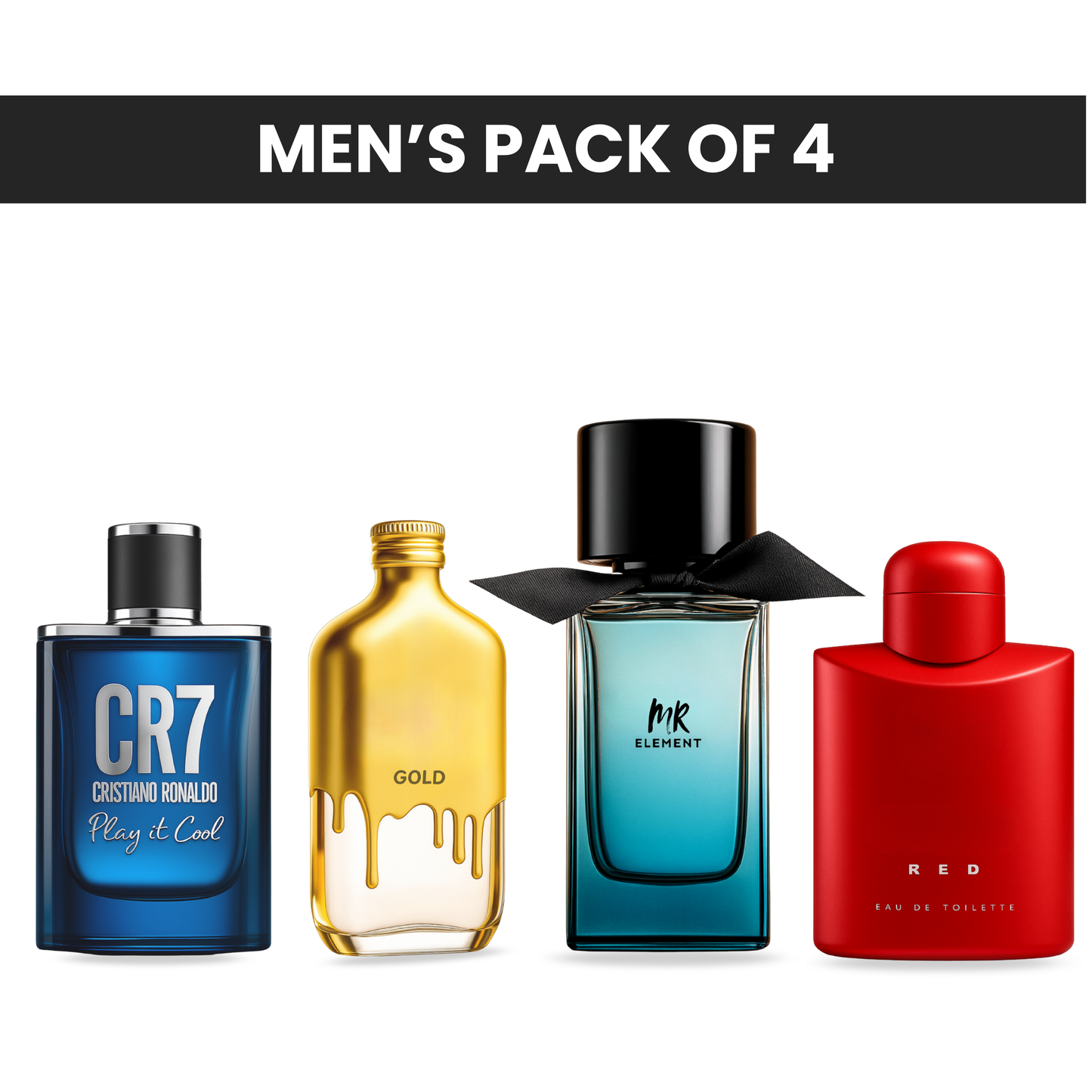 Pack of 4 for men: Cristiano ronaldo CR7, Mysmello gold, Mr Burberry, Ferrari red