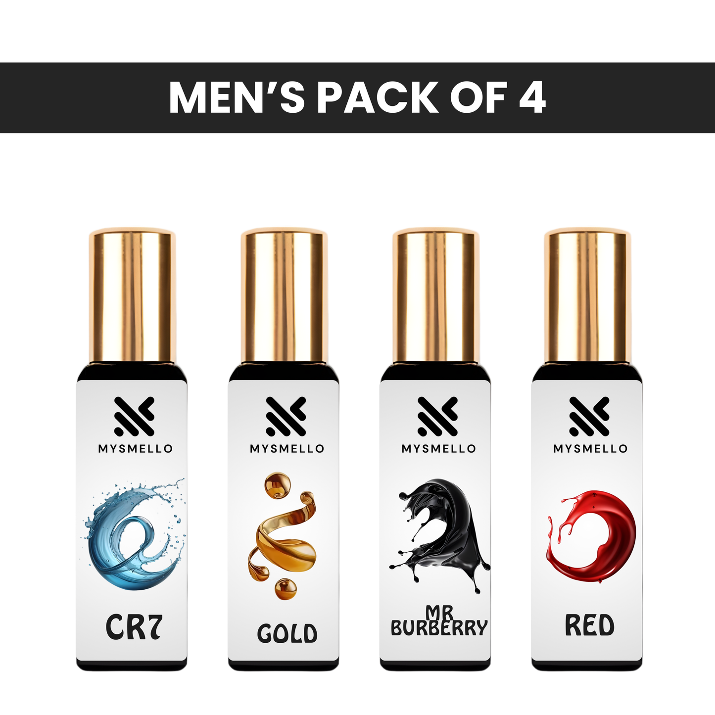 Pack of 4 for men: Cristiano ronaldo CR7, Mysmello gold, Mr Burberry, Ferrari red