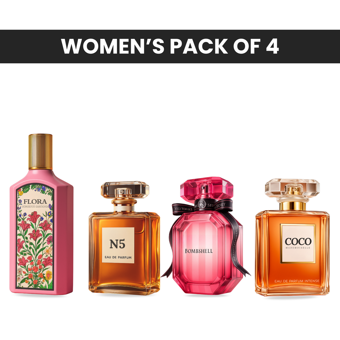 Pack of 4 for women: Mysmello flora, Mysmelloe N5, VS bombshell, Mysmelloe coco