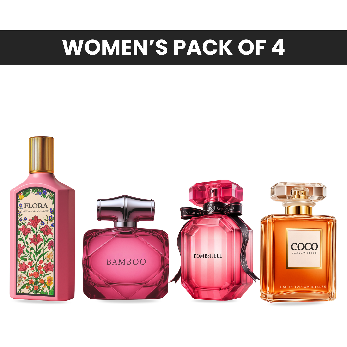 Pack of 4 for women: Mysmello flora, VS bombshell, Mysmelloe coco, Mysmello Bamboo